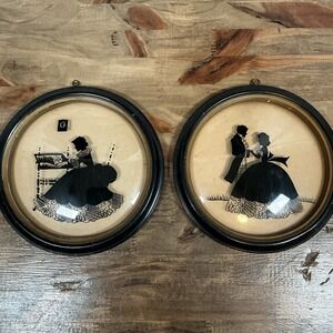 Vintage Silhouette Circle Woman 7" Reverse Hand Painted on Glass Black Retro